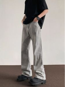 Smoky Grey Flared Jeans Mens Casual Fleece Lined High Street Vintage American Style CleanFit Long Pants Wide Leg Jeans