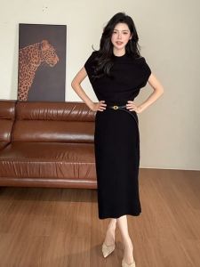 YUEZHONGWEI | French Style Batwing Sleeve Black Ice Silk Knit Dress Long