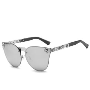 Gothic Skull Sunglasses Women Men Cat Eye Carved Metal Personality Rimless Reflective UV400 Sun Glasses