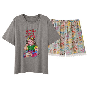 MiiOW | Pure Cotton Short Sleeve Womens Sleepwear Set Cartoon Oil Painting Sweet Home Clothes MiiOW Brand Comfortable Breathable Summer Pyjamas