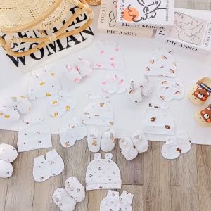 ( Được Chọn Mẫu) Set Mũ Bao Tay Chân thun lạnh chất petit Nền Trắng Họa Tiết họa tiết dễ thương cho bé sơ sinh