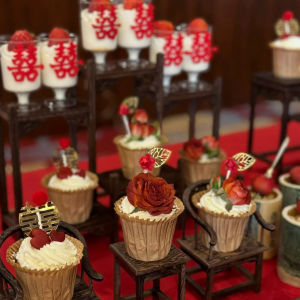 Red Flower Leaf Bamboo Cup Wedding Cake Decoration Small Plug Festive Sticker Dessert Table Decor Chinese Wedding Theme