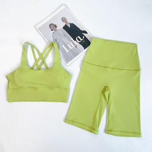 2 Pieces Yoga Shorts Gym Sports Sets Women Fitness Suits Cross Back Bra Top High Waist Shorts Running Workout Clothes Tracksuit