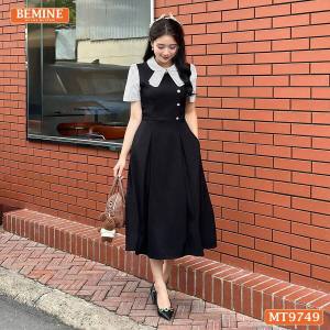 Đầm thiết kế BEMINE cổ sen có nơ may liền phối sọc dáng A xòe phù hợp đi làm đi chơi-MT9749