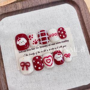 Handmade Short Wearing Nail Art Strawberry Flavor Doggie Heart Shaped Cute Butterfly Knot Bright Color Series Nail Tips