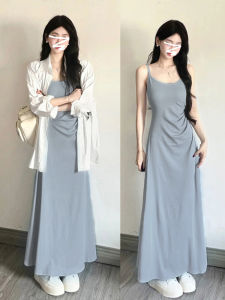 French Blue Strapless Gown Pleated Waist Cinching Long Dress Autumn Summer Complete Set New 2025 Womens Sweet Japanese Style Dress