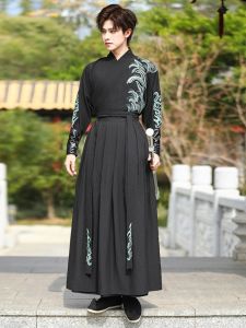 Elegant Black Embroidered Hanfu Mens Suit Majestic Wu Wei Style Ancient Chinese Martial Arts Costume High End Polyester Fiber