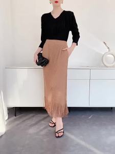 B-1046 #   One Size (45-75kg) Spring Summer Tassel Miyake Midi WomenS Pleated Mid-Length Skirt
