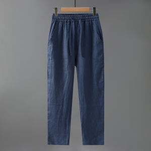 Pure Linen Mens Casual Pants Elastic Waist Vintage Solid Color Large Size Versatile Full Linen Fabric Long Trendy Trousers