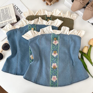 Áo Vest Denim Ren Thêu Hở Vai Gợi Cảm Thời Trang Mùa Hè Ngắn Màu Trơn Chất Liệu Khác Áo Lót Bên Trong Áo Khoác Ngoài