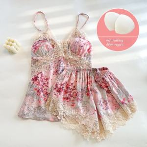 Đồ Ngủ Lụa Băng Gợi Cảm Mùa Hè Cho Nữ Đồ Ngủ Hai Mảnh Có Đệm Ngực Họa Tiết Hoa Đỏ Váy Ngủ Cổ Chữ V Dài Tay Quần Ngắn