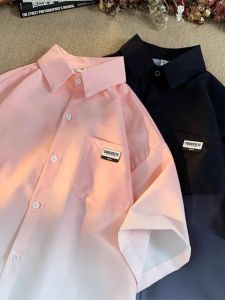 Summer Plus Size 150.00kg Hong Kong Style Retro High Street Gradient Shirt Mens Fancy Ice Silk Short Sleeve Shirt Couple