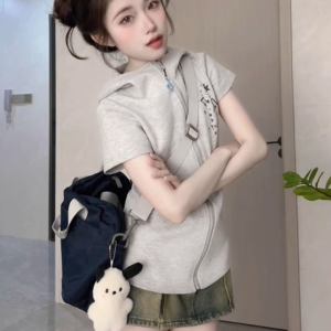 Hooded Cardigan T-shirt Denim Skirt Two-Piece Womens Summer Sweet and Spicy Style Niche Style Non-Collision Style Suit Small