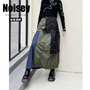 American Street Style Color Block Denim Mini Skirt Loose High Waist A-Line Workwear Style Mid-Length Unique Design Sensation