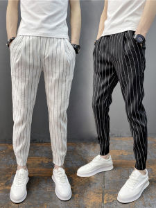Slim Fit Mens Casual Pants Striped Pattern High End Versatile Nine Point Cuffed Trousers for Spring Autumn Season