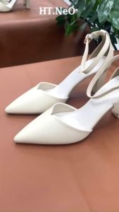Giày Nữ Cao Cấp HT.NEO Da Bò êm mềm Gót Cao 8cm Thiết Kế Mũi Nhọn Quai Hậu Khóa Cài Kiểu Dáng Sang Trọng Lịch Sự