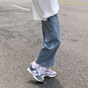 Drawstring Light Wash Elastic Waist Mens Jeans Casual Straight Leg Loose Fit Nine-Tenths Pants Large Size Wide Leg Trousers