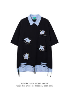 เสื้อยืดคอโปโลแขนสั้นผ้าฝ้ายปักลายหมา MOISHE TIDE สไตล์อเมริกัน ฤดูร้อน สำหรับทั้งชายและหญิง ทรงหลวม ระบายอากาศได้ดี