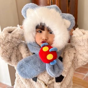 Autumn Winter New Style Childrens Two-In-One Fleece Hat Scarf Integrated Thickened Baby Cartoon Ear Protection Overhead Cap