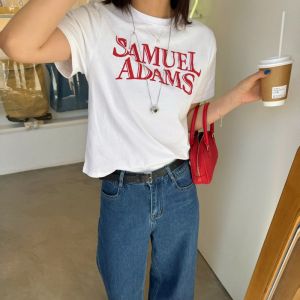 Áo Thun Cotton Tay Ngắn Dáng Rộng Màu Trắng Phong Cách Mỹ Cổ Tròn in Chữ Mùa Hè Mới Cho Nữ