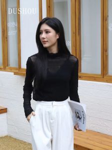 เสื้อเชิ้ตแขนพองคอสูงลูกไม้ผู้หญิง เสื้อชั้นในโปร่งแสง แขนพอง ครึ่งคอ ลายปุ่ม ผ้าไหมน้ำแข็ง ทรงหลวม ฤดูใบไม้ร่วง 2022