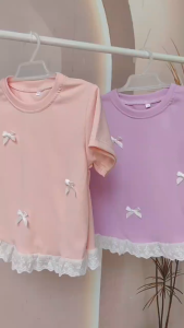 Cute Coquette Ribbon Blouse Korean Fashion Trendy Lace Ruffle Hem 2-10 Years Old T-shirt for Kids Girls