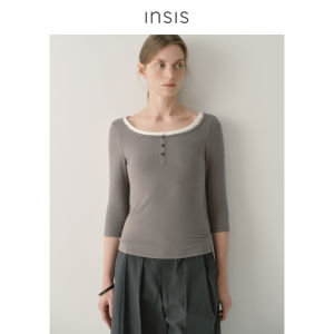 INSIS FEMME | Long Staple Cotton Simple Style Classic Henley Neck 5-Sleeve T-Shirt