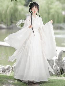 Ming Girl Hanfu Womens Wide Sleeve Flowing Fairy Skirt Ancient Costume White Daily Cross Collar Large Sleeve Super Fairy Vague