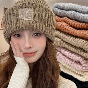 Korean Beanies Wool Knitted Hat Fashion Letter L Solid Color Skullcap for Women Winter Warm Earmuffs Cap