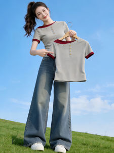 Shalldoer | Slanted Shoulder Contrast Color Illusion Two-Piece Style Summer Short Sleeve Top