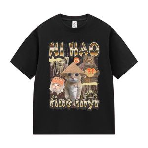 Sanrio | Ni Hao Fine Shyt Funny Cat Graphic T Shirt Men Women Vintage Harajuku Fashion T-shirt Summer 100% Cotton Oversized Tshirts Tops