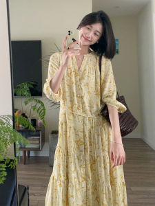 Váy Hoa Phong Cách Pháp Rộng Rãi Cho Nữ Mùa Thu Du Lịch Váy Dài Xếp Ly Cạp Cao Tay Bồng Kiểu Dáng Chữ a Cổ Chữ V