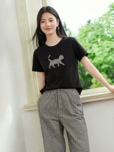 OSA | Plaid Cat Patch Summer T-shirt Round Neck Blouse