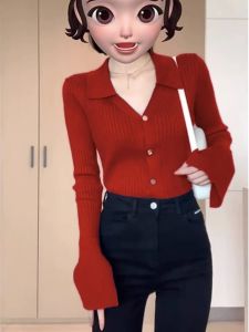 HUOLISI | French Retro Red Polo Neck Knit Cardigan