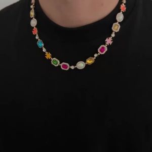 Ingemark | Ingemark Hip Hop Colorful Rhinestone Necklace Bracelet Jewelry Set for Men Trendy Geometry Irregular Choker Bangle Accessories