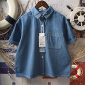 Japanese Style Loose Short Sleeve Classic Solid Color Denim Shirt  Artistic School Girl Top Womens Fashion Summer Shirt