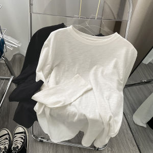 เสื้อยืดแขนยาวผู้หญิงผ้าฝ้ายลายตาข่ายบางสีพื้นทรงหลวมสไตล์ลำลองฤดูใบไม้ผลิและฤดูใบไม้ร่วง