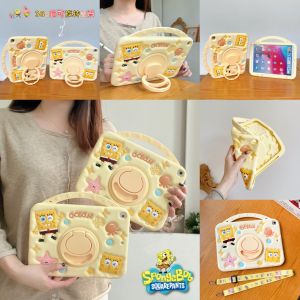 For Apple iPad Pro Air 11 M2 M3 M4 11th 10th 9th 8th 7th 6th 5th Air Pro 3rd 4th 10.9" 10.2" 9.7" 10.5" 11.0" Kids Tablet Cute SpongeBob SquarePants Silicone Pen Slot Contraction Bracket Case Cover