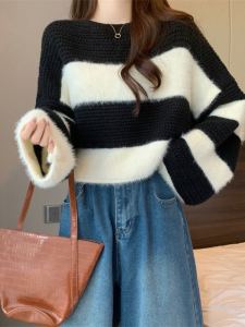 Soft Cozy Overhead Sweater Womens Autumn Winter Lazy Fashion Fox Fur Design Knitted Short Style Small Top Stripe Pattern