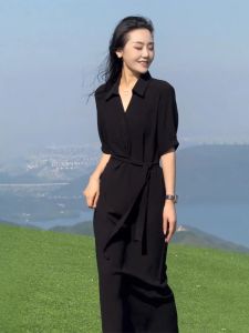 Elegant Hepburn Style Slimming Dress Womens Summer New High Waist V-neck Black Dress Korean Style Casual X-shaped A-line Skirt