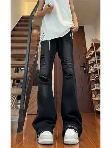 American Retro Hole Denim Jeans Mens Straight Tube Micro Flared Long Pants Spring Autumn Cool Design High Street Vibe Jeans