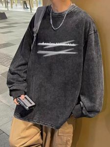 Washed Long Sleeve T-Shirt Mens Spring Autumn Loose Casual Couple Tops Trendy Knitted Fabric Print Youth Fashion