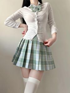 กระโปรงจีบสีเขียวสไตล์ญี่ปุ่นสำหรับผู้หญิง กระโปรงสั้นสไตล์ญี่ปุ่นฤดูร้อน ทรงเอ เอวสูง ทรงกระโปรงจีบ