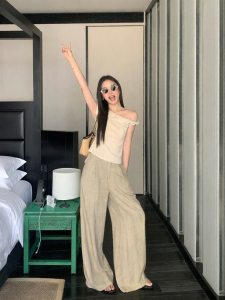 ALOHA LU | Quần Dài Phong Cách Hàn Quốc Đùi Cao Ống Rộng Thiết Kế Rộng Rãi