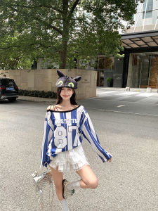 GUZILIAN | American Style Spicy Girl Striped Ball Shirt One Shoulder T-Shirt Women Early Autumn Design Sense Niche Slant Shoulder Loose Casual Top