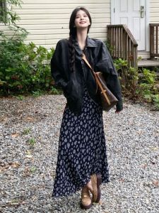 Retro French Style Cold Tone Unique Floral Dress Jacket Two Piece Set Waist Cinched Strapless Long Skirt U Neck a Line Dress