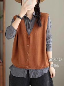 Áo Len Dệt Kim Ngắn Cổ Chữ V Màu Trơn Cotton Dáng Rộng Không Tay Áo Khoác Ngoài Đa Năng Cho Nữ Mùa Xuân Thu