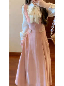 French Style Unique Beautiful Fake Two-Piece Dress Waist-Cinching Mini Dress for Autumn Season Elegant Chic Ladylike Gown