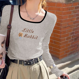 Spring Autumn French Style Square Collar Womens Slim Fit Long Sleeve T-Shirt Base Layer Shirt Inner Wear Straight Cut Cotton