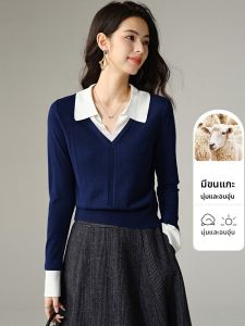 เสื้อสเวตเตอร์ถักคอวีแขนยาวผ้าขนสัตว์ผสมโพลีเอสเตอร์สำหรับผู้หญิง ฤดูใบไม้ร่วง 2025 คอกลม แขนยาว ปกติ ปกติ